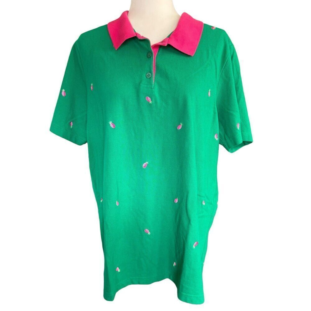 Quacker Factory 1X Green Pineapple Polo Shirt Plus Size Preppy Colorful Casual